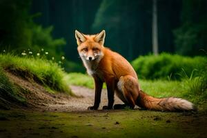 ein rot Fuchs ist Sitzung auf das Boden im das Wald. KI-generiert foto