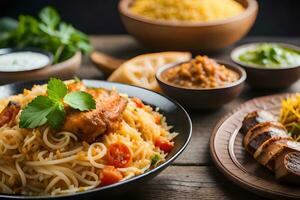 indisch Essen mit Reis und Gemüse auf hölzern Tisch. KI-generiert foto