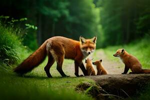 ein Mutter Fuchs und ihr zwei Jungen im das Wald. KI-generiert foto