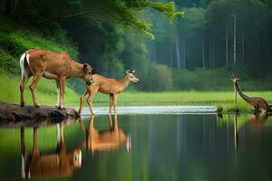 Hirsch und Gazelle im das Wasser. KI-generiert foto