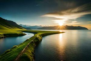 das Sonne ist Rahmen Über ein Fluss und grasig Feld. KI-generiert foto