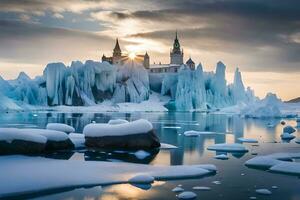 Eisberge und Schloss im das Sonne. KI-generiert foto