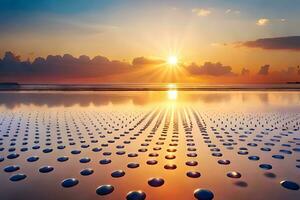 Sonnenuntergang Über das Ozean mit Punkte von Wasser. KI-generiert foto