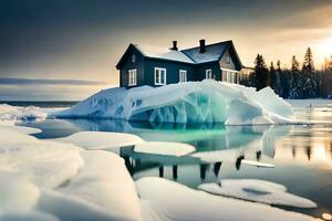 ein Haus sitzt auf ein Eisberg im das Mitte von das Wasser. KI-generiert foto