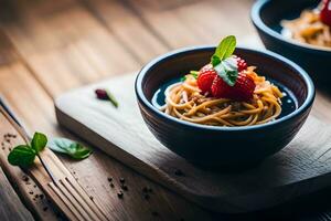 Spaghetti mit Fleisch und Erdbeeren im ein Schüssel auf ein hölzern Tisch. KI-generiert foto