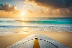 ein Surfbrett auf das Strand beim Sonnenuntergang. KI-generiert foto