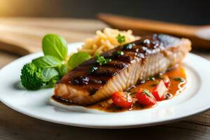 gegrillt Lachs Filet mit Soße und Gemüse auf ein Weiß Platte. KI-generiert foto