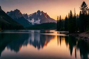 ein schön Berg See beim Sonnenuntergang mit Bäume und Berge. KI-generiert foto