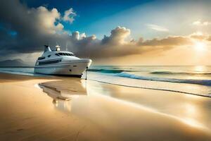 ein Yacht ist geparkt auf das Strand beim Sonnenuntergang. KI-generiert foto
