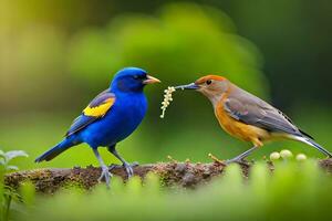 zwei Blau und Gelb Vögel Stehen auf ein Ast. KI-generiert foto