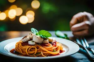 Spaghetti mit Tomate Soße und Mozzarella Käse. KI-generiert foto