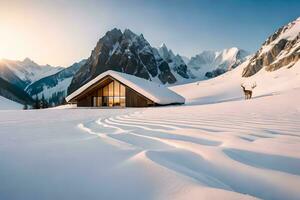 ein Kabine im das Schnee mit ein Hirsch im das Vordergrund. KI-generiert foto