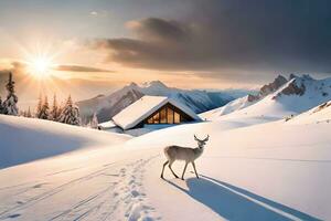 Hirsch im das Schnee beim Sonnenuntergang. KI-generiert foto