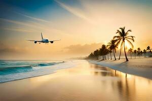 ein Flugzeug ist fliegend Über das Strand beim Sonnenuntergang. KI-generiert foto