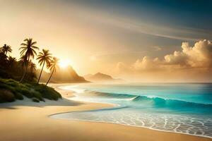 tropisch Strand mit Palme Bäume und Wellen beim Sonnenuntergang. KI-generiert foto