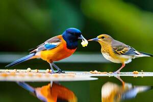 zwei bunt Vögel Stehen auf ein Teich mit Lebensmittel. KI-generiert foto