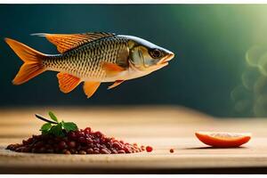 Fisch Springen Über ein Schüssel von Lebensmittel. KI-generiert foto