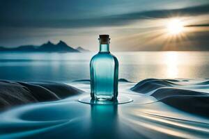 ein Flasche von Wasser sitzt auf das Strand beim Sonnenuntergang. KI-generiert foto