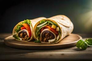 zwei Wraps mit Fleisch und Gemüse auf ein hölzern Tafel. KI-generiert foto