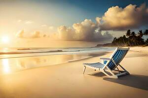 ein Strand Stuhl sitzt auf das Sand beim Sonnenuntergang. KI-generiert foto