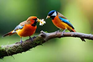 zwei bunt Vögel auf ein Ast mit ein Blume. KI-generiert foto