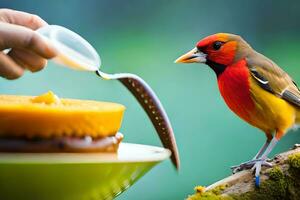 ein Vogel ist Essen von ein Schüssel von Lebensmittel. KI-generiert foto