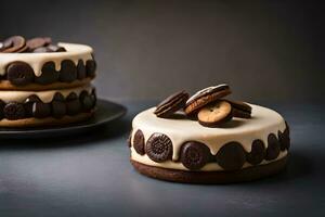 zwei Kuchen mit Schokolade Glasur und Kekse auf oben. KI-generiert foto