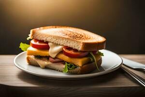 ein getoastet Sandwich mit Käse, Tomaten und Grüner Salat. KI-generiert foto