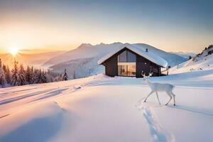 ein Hirsch steht im Vorderseite von ein Kabine im das Schnee. KI-generiert foto