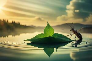 ein Fehler Sitzung auf ein Blatt im das Wasser. KI-generiert foto