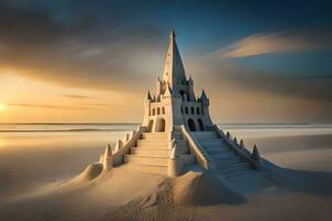 ein Schloss gemacht aus von Sand auf das Strand. KI-generiert foto