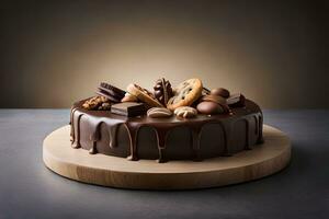 Schokolade Kuchen mit Kekse und Nüsse auf oben. KI-generiert foto