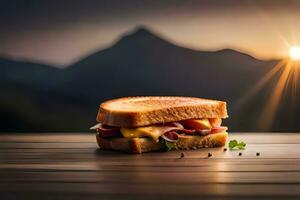 ein Sandwich mit Käse und Fleisch auf ein hölzern Tisch. KI-generiert foto
