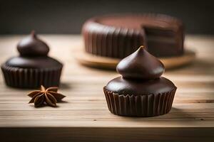 Schokolade Cupcakes mit Anis Star auf ein hölzern Tisch. KI-generiert foto