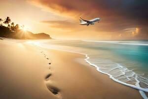 ein Flugzeug ist fliegend Über das Strand beim Sonnenuntergang. KI-generiert foto