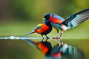 zwei bunt Vögel Stehen auf das Wasser mit ihr Flügel Ausbreitung. KI-generiert foto