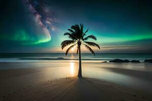 Palme Baum auf das Strand mit das Aurora Beleuchtung im das Himmel. KI-generiert foto