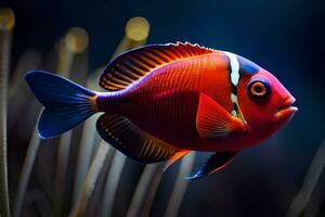 ein Orange und Blau Fisch mit ein dunkel Hintergrund. KI-generiert foto