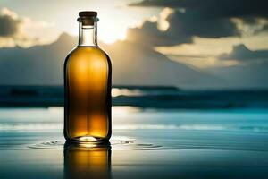 ein Flasche von Wein Sitzung auf das Strand mit das Sonne Rahmen im das Hintergrund. KI-generiert foto