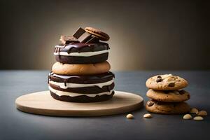 ein Stapel von Kekse und Schokolade Kuchen auf ein hölzern Tafel. KI-generiert foto
