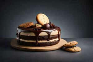 ein Schokolade Kuchen mit Kekse und Schokolade Nieselregen. KI-generiert foto