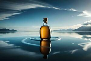 ein Flasche von Whiskey ist reflektiert im das Wasser. KI-generiert foto