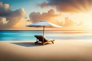 ein Strand Stuhl und Regenschirm auf das Sand beim Sonnenuntergang. KI-generiert foto