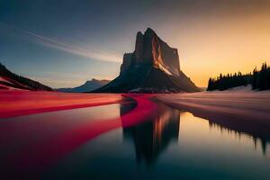 ein Berg mit ein rot Fluss fließend durch Es. KI-generiert foto