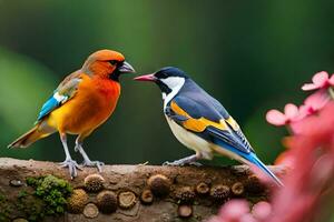 zwei bunt Vögel Sitzung auf ein Ast. KI-generiert foto