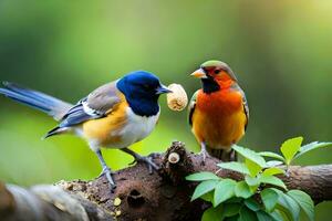 zwei Vögel sind Sitzung auf ein Ast mit ein Nuss im ihr Schnäbel. KI-generiert foto