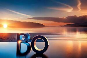 das Wort bo ist gemacht von Metall Briefe und ist platziert auf das Wasser beim Sonnenuntergang. KI-generiert foto