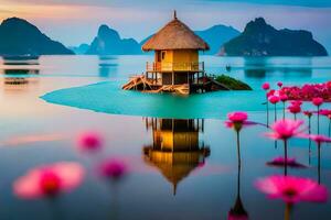 ein klein Hütte sitzt auf das Wasser mit Rosa Blumen. KI-generiert foto