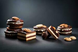 Schokolade Cupcakes mit Nüsse und Sahne auf dunkel Hintergrund. KI-generiert foto