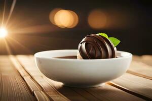 Schokolade Dessert im ein Schüssel auf ein hölzern Tisch. KI-generiert foto